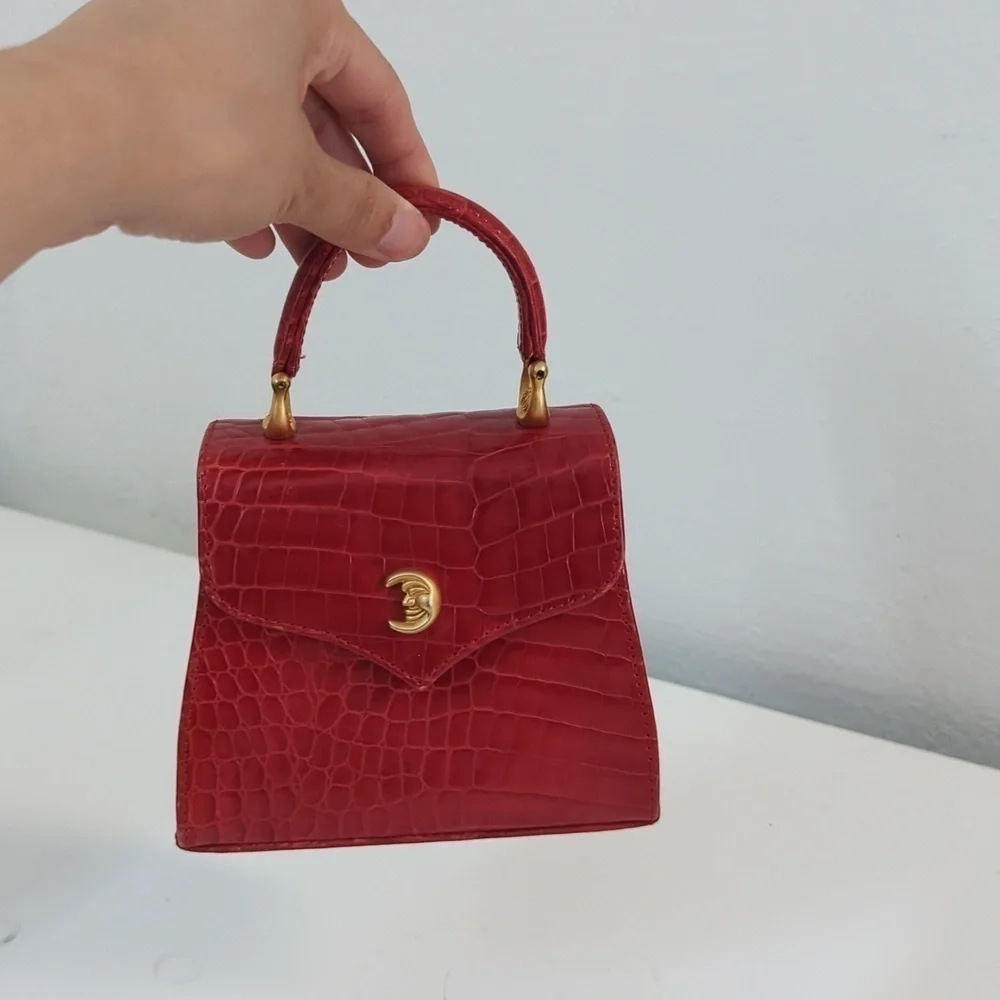 Vintage Vicenza Moon Face Mini Purse Crossbody Red leather retro astrology - Picture 3 of 14